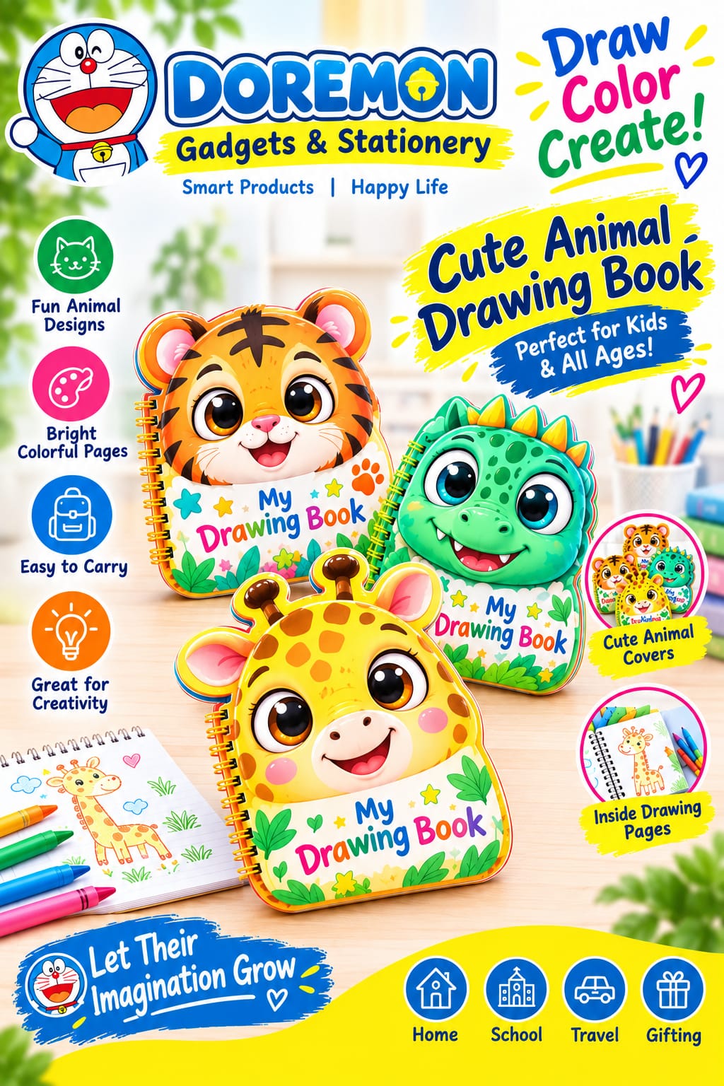 Animal drawing book for kids with fun animal illustrations for drawing and coloring