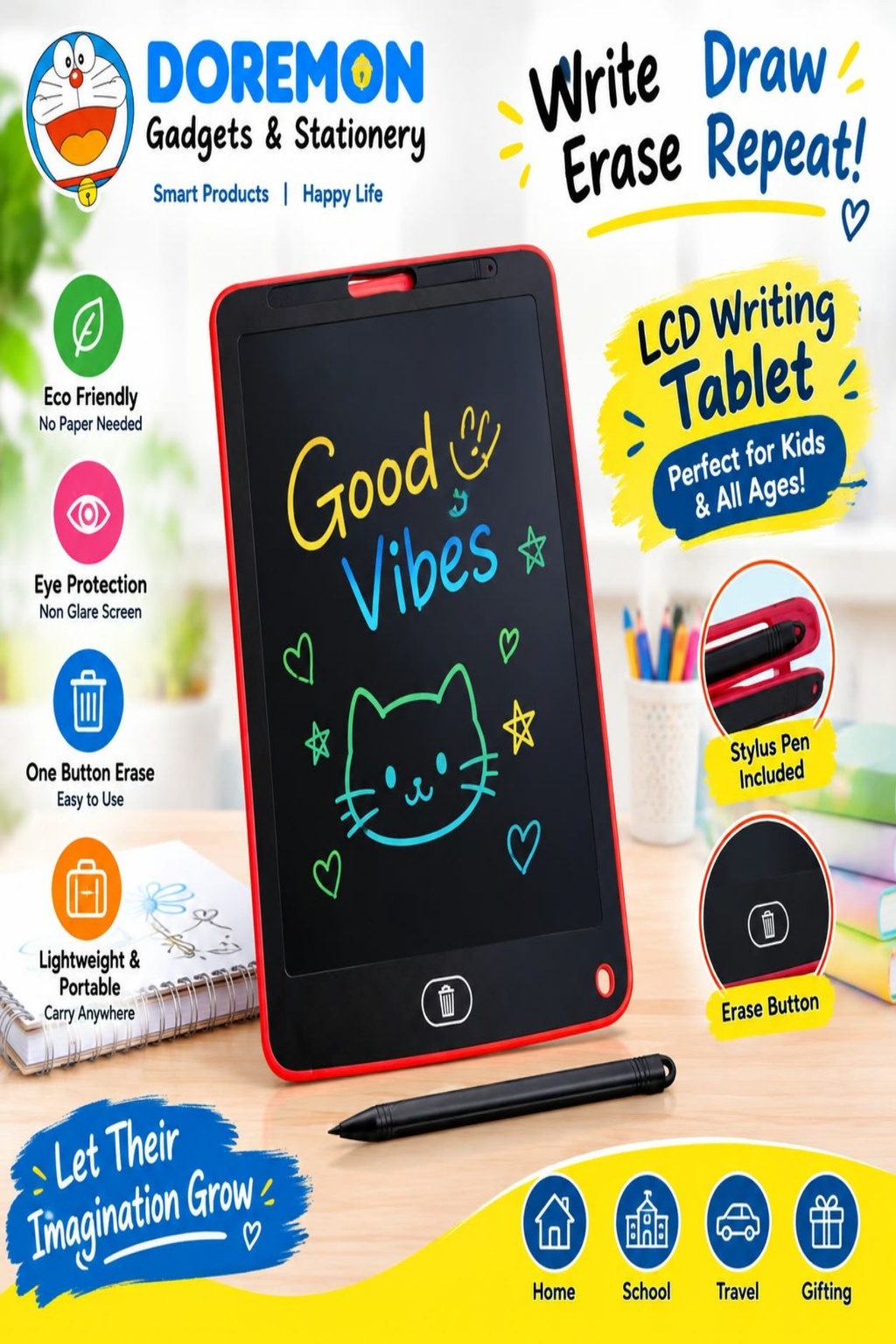 LCD writing tablet for kids with stylus pen and one-button erase feature